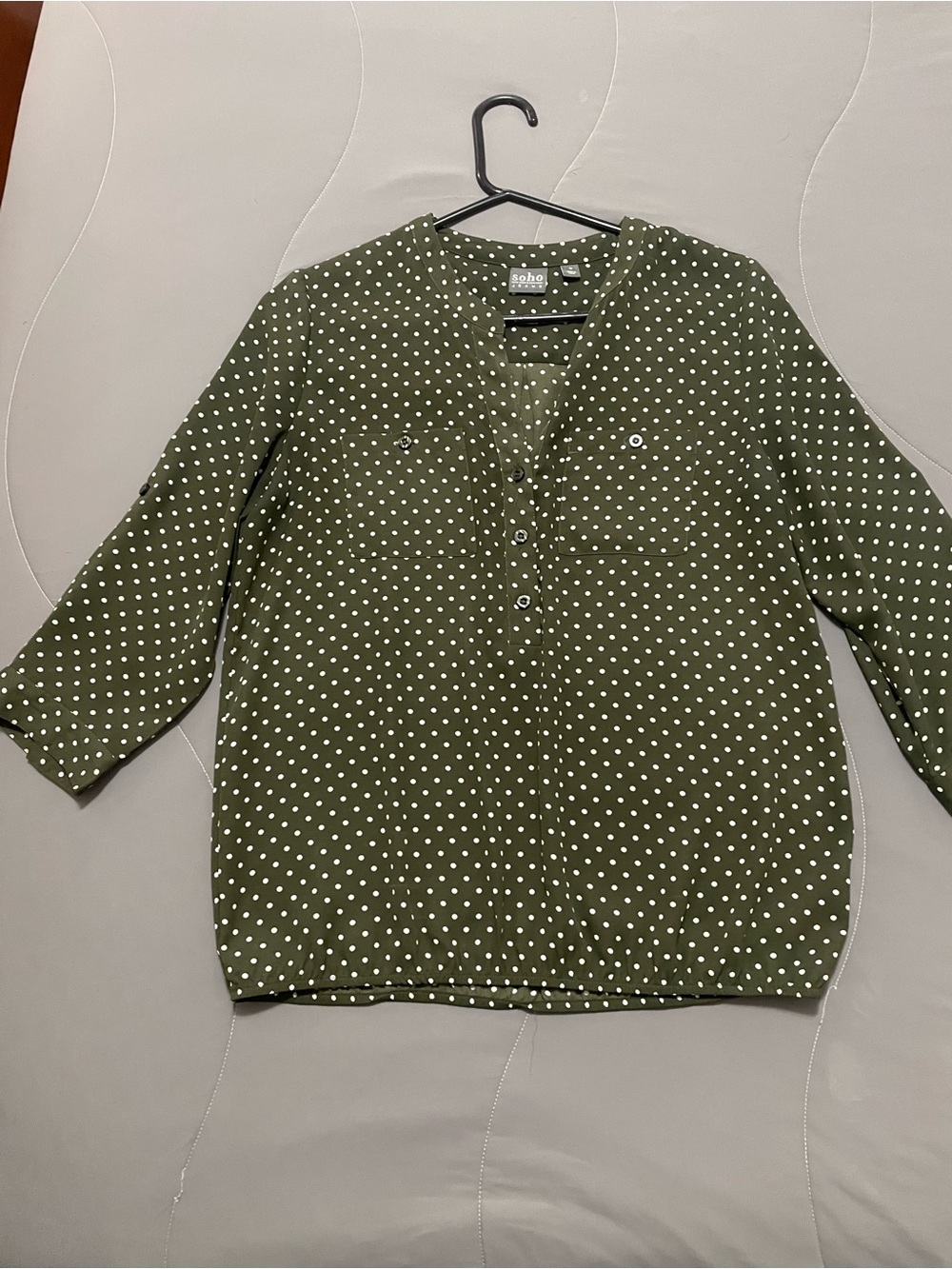 New York & Company Olive Green Polka Dot Henley